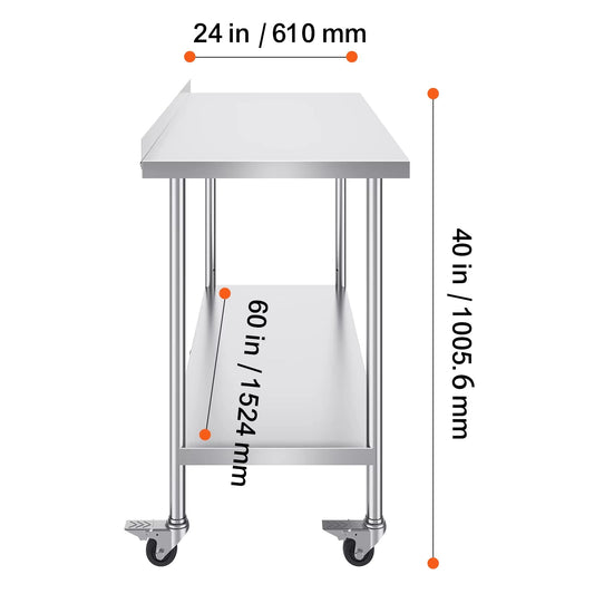 Stainless Steel Work Table Commercial Food Prep Worktable with Casters Heavy Duty Prep Worktable for Restaurant Home Hotel