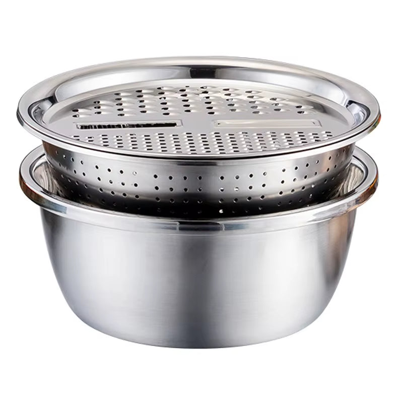KitchenPro 3-in-1 Stainless Steel Drain Basket – Multifunctional Colander, Vegetable Slicer & Grater for Effortless Food Prep