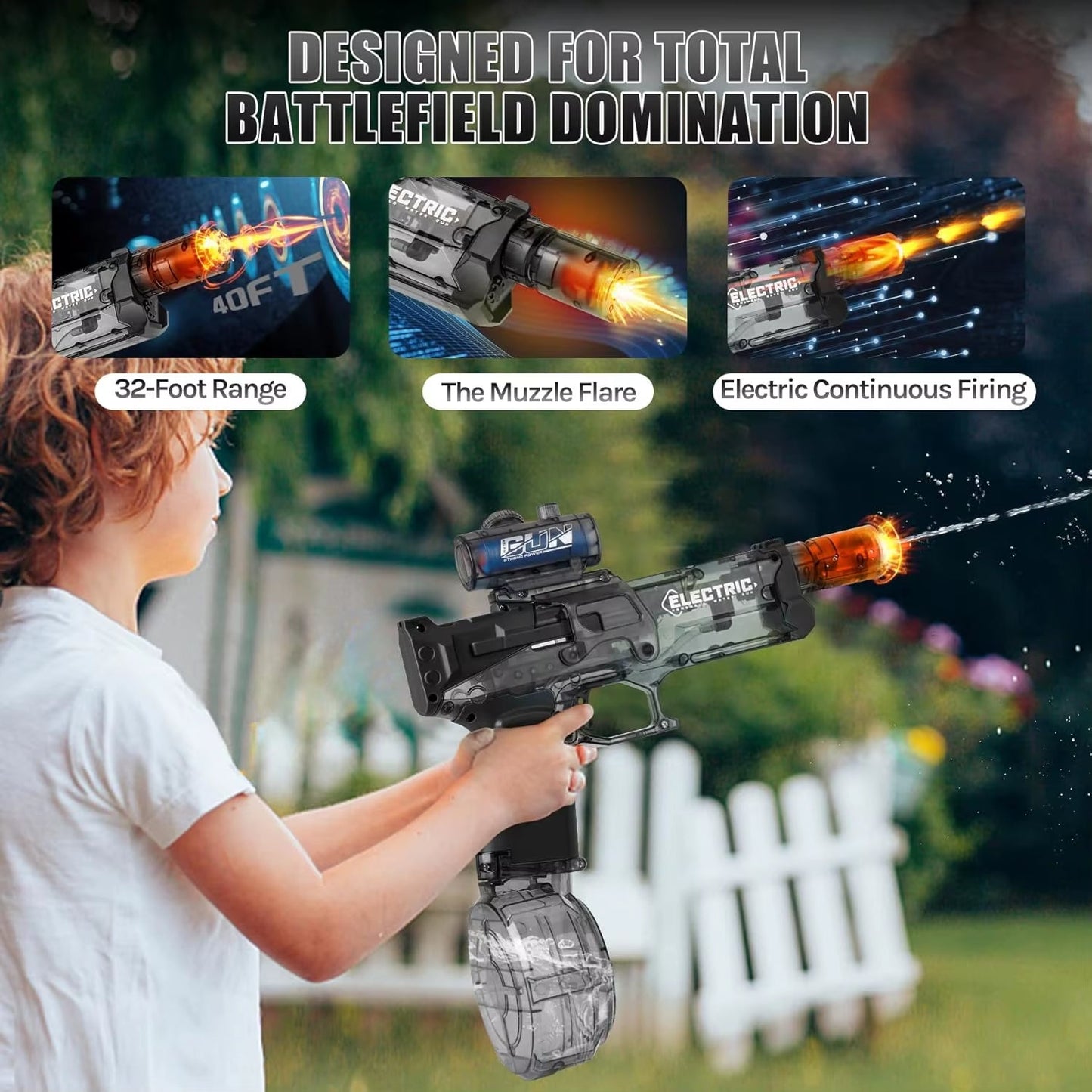 Electric Continuous Firing Water Gun Fully Automatic with Light Flame Large Capacity Water Blaster Summer Outdoor Beach Toy